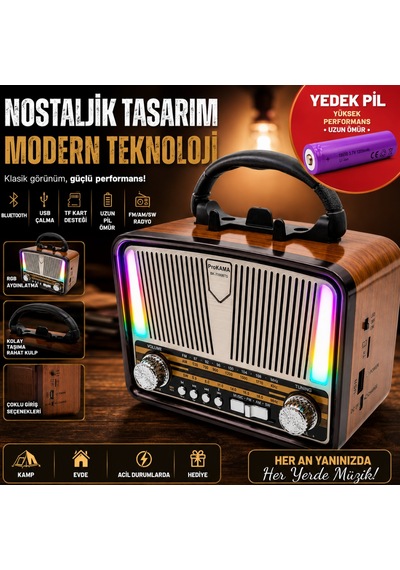 Prokama Nostaljik Tasarım Solarlı Bluetooth Radyo Yedek Pili