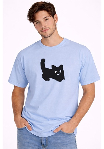 Nevermind Unisex Oversize Tişört Kedi Baskılı Minimal Tasarım Pamuk Mavi