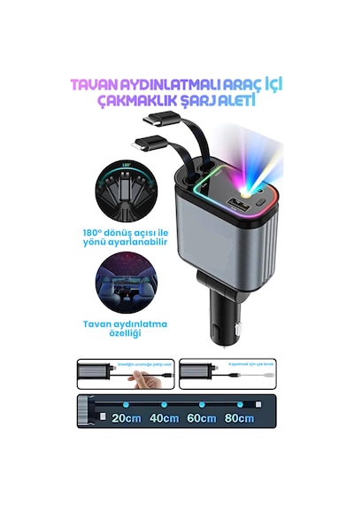 66w 4 Ü 1 Arada Starry Sky Araç Şarj Cihazı Geri Çekilebilir Type-c & Lightning Kablo, Usb-a, Pd 3.0 Hızlı Şarj, Rgb Led Yıldız Tavan Projektörü, 12v-24v Uyumlu Çoklu Şarj Adaptörü