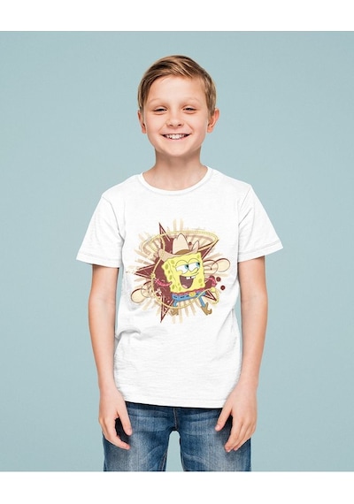 Sevbano Kovboy Süngerbob Baskılı Unisex Çizgi Film Çocuk Tişört 1-12 Yaş Beyaz