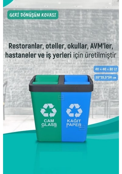 Geri Dönüşüm Kutusu Cam Kağıt Geri Dönüşüm Kovası Yeşil Mavi 80 Litre Yeşil-mavi