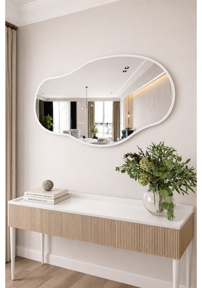 Ant Home Asimetrik Ayna Çerçeveli Ayna Duvar Aynası Konsol Aynası Banyo Aynası Çerçeveli Ayna Beyaz