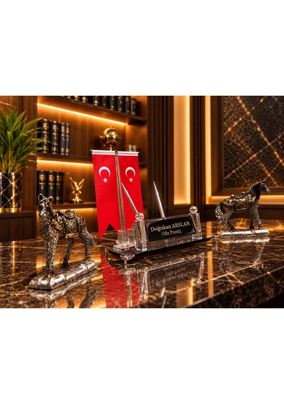 Kişiye Özel 4 Parça Kristal Masa İsimliği Seti Çift Türk Bayraklı Ve At Figürlü Ofis Masa Seti Gri - Siyah