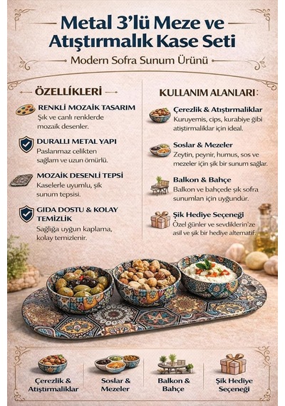 Metal 3 Lü Meze Ve Atıştırmalık Kase Seti,renkli Mozaik Desenli Sunum Tabağı İle, Dayanıklı Çer Diğer