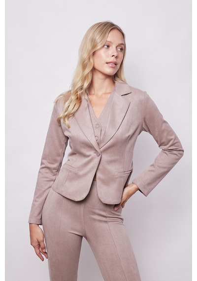 Kadın Kadife Likralı Yumuşak Dokulu Flato Cepli Uzun Kol Düğmeli Blazer Mono Ceket-bej Bej