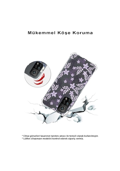 Oppo A94 Uyumlu Köşe Korumalı Floral Lila Tasarımlı Şeffaf Silikon Kılıf