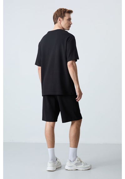 Tommy Life Siyah Pamuklu Kalın Yumuşak Dokulu Oversize Fit Basic Erkek Şort Takım - 85259
