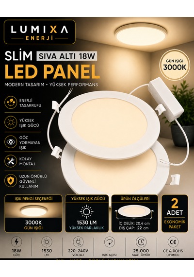 18w Slim Panel Led Spot Beyaz Işık İç Çap 20,5 Cm Dış Çap 22 Cm 1530 Lümen 2 Adet Gün Işığı