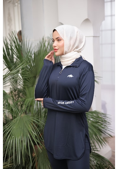 Mimi Luxury Wear Lacivert Kadın Fermuarlı Dalgıç Kumaş Standart Kalıp Jogger Eşofman Takımı 358