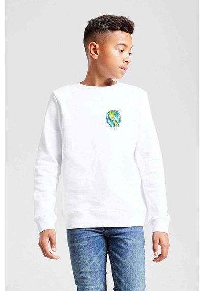Tshirthane Watercolor Earth Baskılı Unisex Çocuk Beyaz Sweatshirt Beyaz