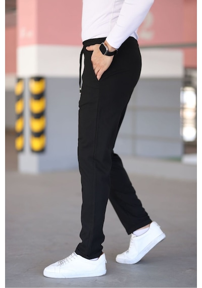 Bürke Erkek Siyah Renk Beli Lastikli Bağcıklı Esnek Fitted Jogger Pantolon Kumaş Pantolon