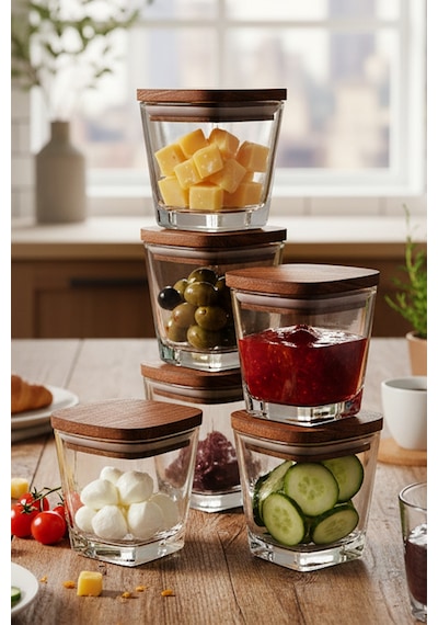 Prime - 6'lı Ahşap Vakumlu Kapaklı Cam Kahvaltılık Çok Amaçlı Cam Çerezlik 300 ml