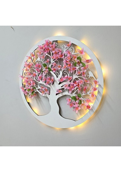 Led Işıklı Ve Pembe Sakura Hayat Ağacı Tablo 40cm - Beyaz