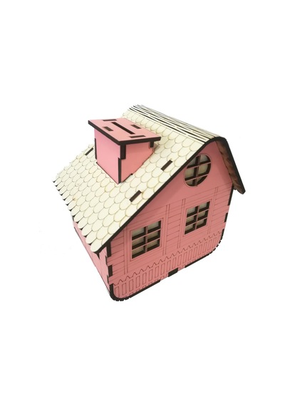Kişiye Özel Dekoratif Ahşap Pembe Dağ Evi Kumbara -Tipbox