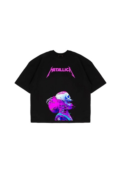 Startmore Metallica Neon Pembe Baskılı Beyaz Unisex Oversize Siyah