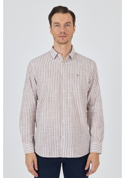 İmza Kahverengi Kısalabilir Kol Cepsiz Pamuk Casual Comfort Fit Gömlek 1004250128 Kahverengi