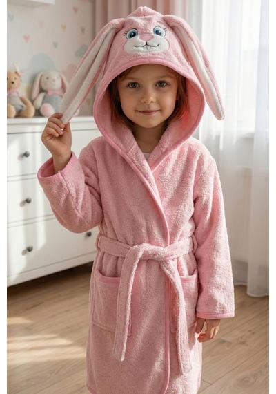 Tavşan Kulaklı Kız Erkek Çocuk Bornozu Lupi Pembe Pembe