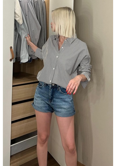 Madmext Siyah Çizgili Over Fit Gömlek Mg1525 Siyah