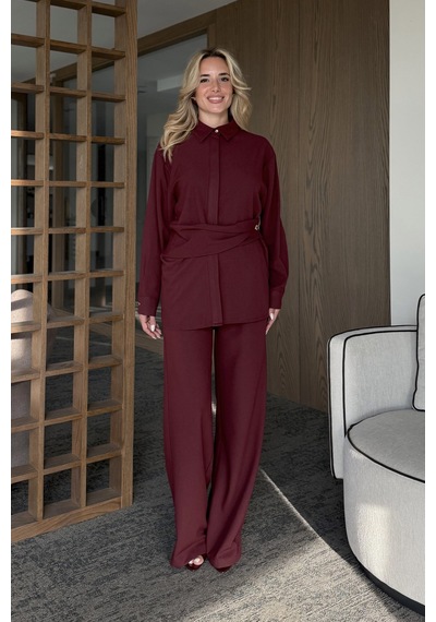 Laluvia Bordo Gold Aksesuar Düğmeli Gömlek Pantolon Takım - 8856 Bordo