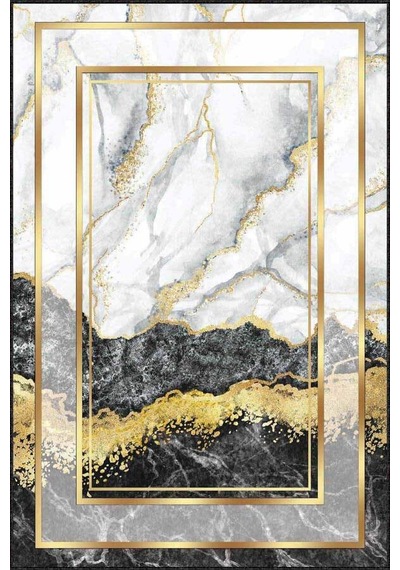 Siyah Gold Çerçeveli Kaymaz Tabanlı Dekoratif Halı Ar127n11 Siyah - Gold