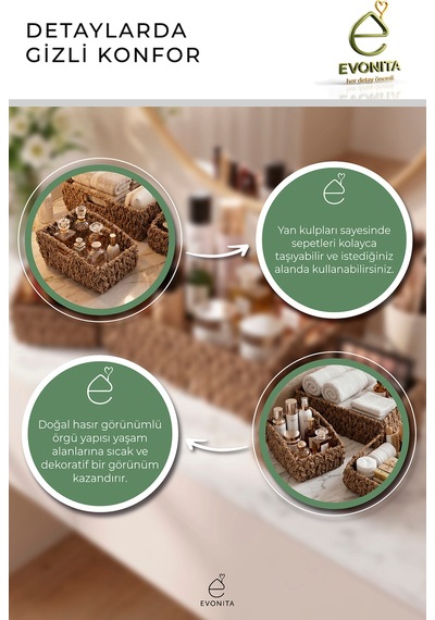 3'lü Rattan Düzenleyici Sepet Seti Büyük Küçük Hasır Görünümlü Organizer Saklama Sepeti Dekoratif Kahverengi