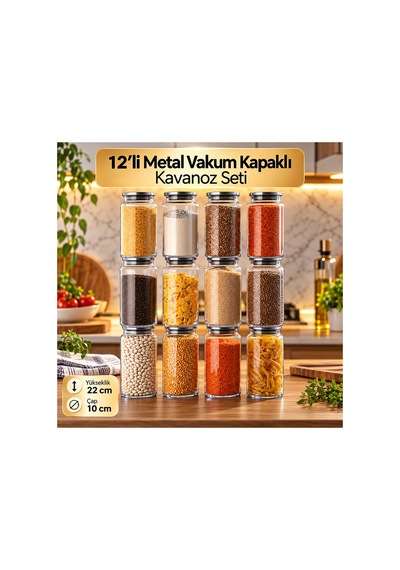 12 Li Metal Vakum Kapaklı Cam Kavanoz Seti Bakliyat Erzak Saklama Düzenleme Kabı Seti Etiket Hediyeli Gri Gri