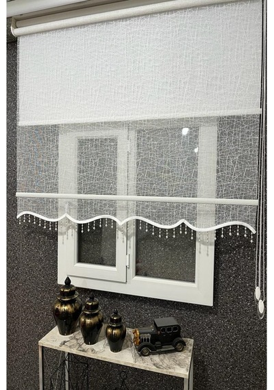 İncilifehome İcl1084 Çift Mekanizmalı Geometrik Desenli Tül Ve Stor Perde Kırık Beyaz Boncuklu Kırık Beyaz