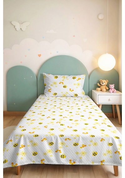 Evimde Bambaşka Arı Ve Çiçek Çocuk Odası Tek Kişilik Pike Takımı - Beyaz Minimal 160x220  CM Kapitone Yatak Örtüsü