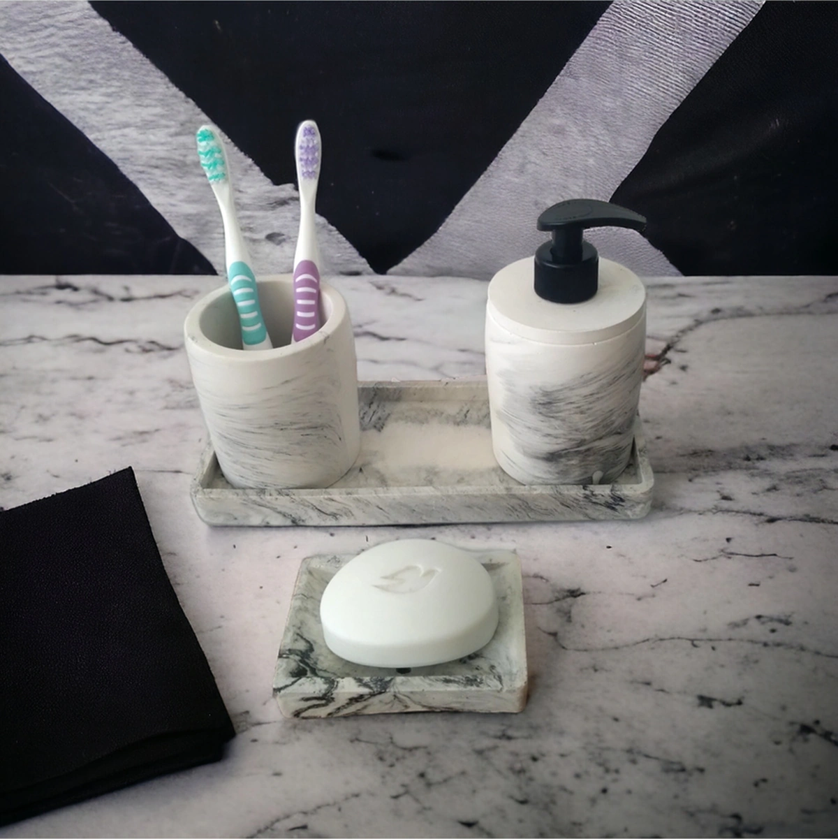 Marble 4'lü Banyo Seti , Sıvı Sabunluk Diş Fırçalığı Beton Aksesuar Takım Gri