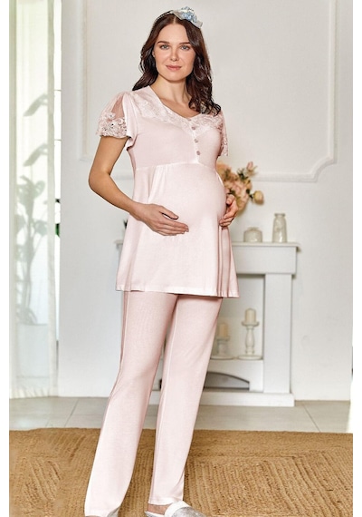 Lohusa Hamile Dantel Detaylı Pijama Takımı Emzirme Hastane Çıkışı Flz 24-50