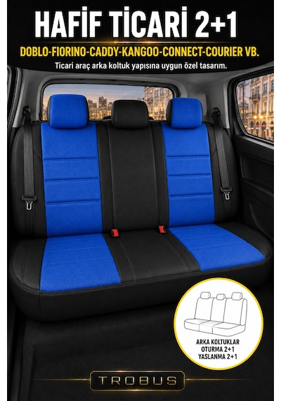 Vw Caddy 2015-2019 Uyumlu Lion Serisi 2+1 Ticari Tay Tüyü Mavi Siyah Koltuk Kılıfı
