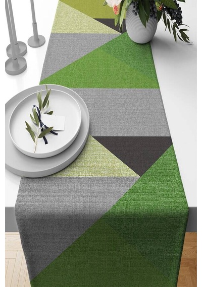 Yeşil Geometrik Desenli Premium Masa Örtüsü Runner Rnr609n11