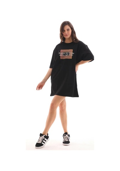 Kadın Baskılı T-shirt Kısa Kol Bisiklet Yaka Oversize Rahat Kalıp Tişört - Siyah