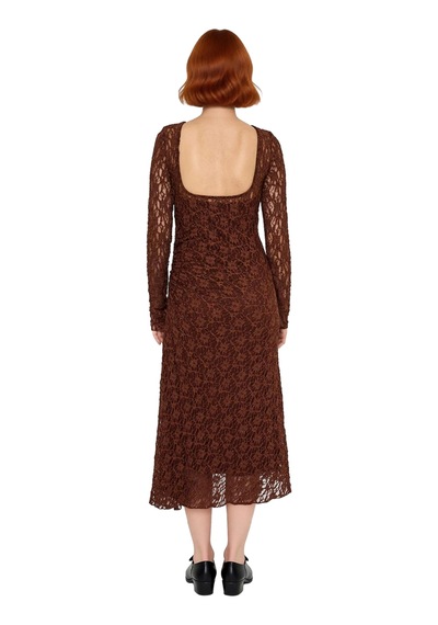 Ersefa Kadınlar İçin Uzun Kollu Bodycon Midi Dantel Elbise Kayık Yaka Sı Kahverengi