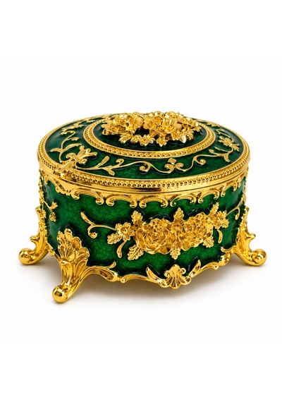 Yuvarlak Renkli Gold İşlemeli Mücevher Kutusu Yeşil