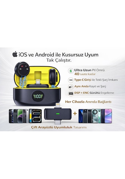 Kablosuz Yaka Mikrofonu Android Ve Apple Uyumlu iOS Alıcılı, Gürültü Azaltmalı Mikrofon Seti Tak Çalıştır 2'li