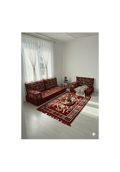 20 Cm Kalınlıklı Şark Köşesi Takımı - 70x190 + 70x95 Anadolu Kırmızı Desenli Minder Seti