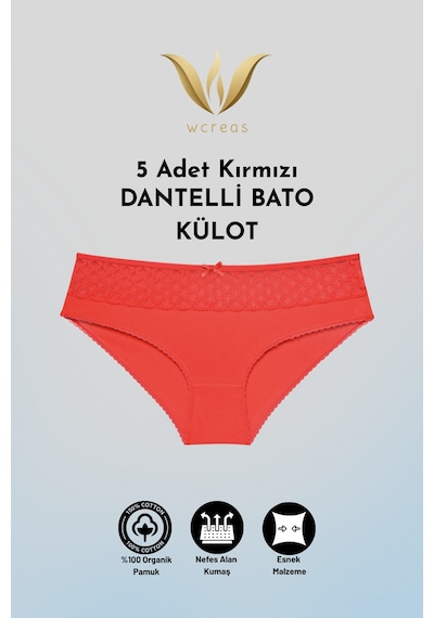 Wcreas Dantelli Pamuklu Kadın Bato Külot, 5'li Paket Pamuklu Yumuşak Kumaş Kadın Külot Kırmızı