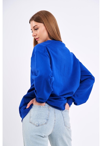 Mmetalic Saks Kadın Pamuklu Oversize Basic Bisiklet Yaka Sweatshirt 001