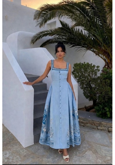 Asprinfashion Yan Büzgülü Kare Yaka Elbise Mavi