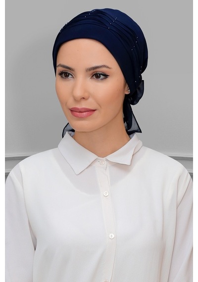 Hürrem Bone Lacivert Pratik Hazır Geçmeli Tesettür Bone Sandy Kumaş Incili Pi Lacivert