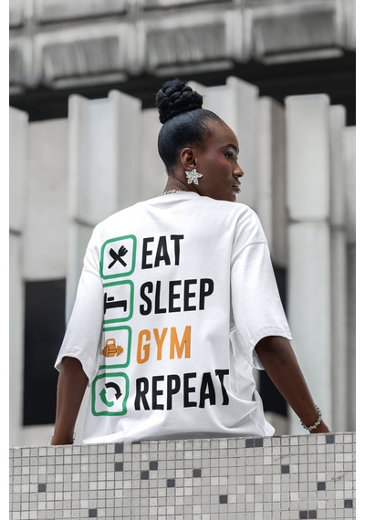 Eat Sleep Gym Repeat Bodybuilding Sırt Baskılı Unisex Oversize Fi Beyaz