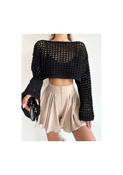 Munora Butik Uzun Kollu Siyah Triko Crop Bluz Siyah Siyah