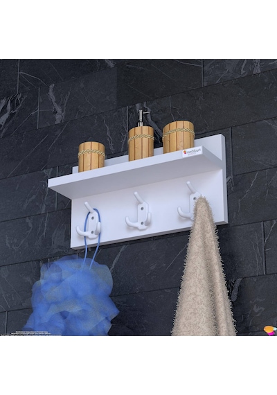 Modilayn Kedi Serisi 46,4x18 Cm, 3 Lü Banyo Askısı Seti: 9 Kancalı Raflı Düzenleyici, Yer Tasarrufu. Beyaz