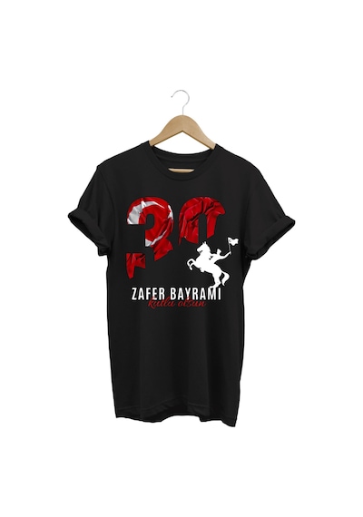 Atatürk 30 Ağustos Zafer Bayramı Bayrak Baskılı %100 Pamuk Regular Fit Siyah T-shirt Siyah