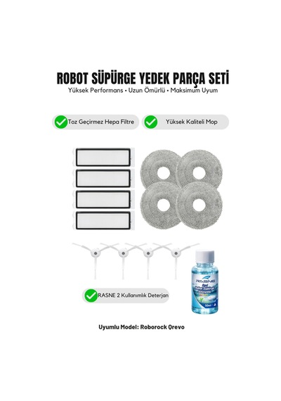 Roborock Qrevo İle Uyumlu 4 Beyaz Yan Fırça 4 Filtre 4 Mop 1 Deterjan 2.0
