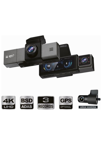 Dxtl X-13 4k 3 Kameralı Araç Içi Kamera 3.2 İnç Ekran Wifi Adas Bsd G-sensör Park Modu
