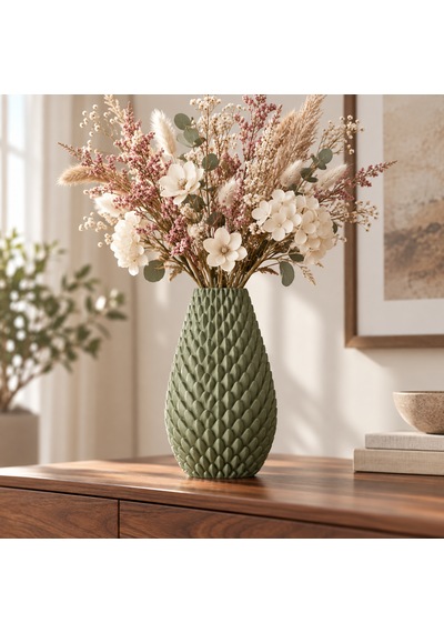 Kabartma Desenli Dekoratif Vazo 20 Cm Modern Tasarım Haki