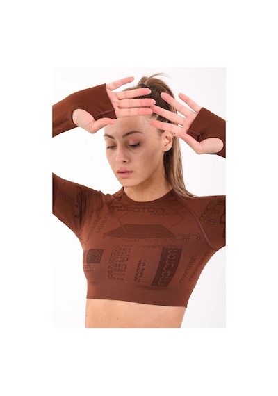 Maraton Active Slimfit Kadın Bisiklet Yaka Uzun Kol Koşu Sepya Crop Top 816025 Kahverengi