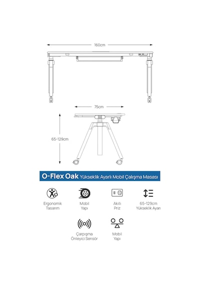 O-flex Oak Yükseklik Ayarlı Çalışma Masası Meşe
